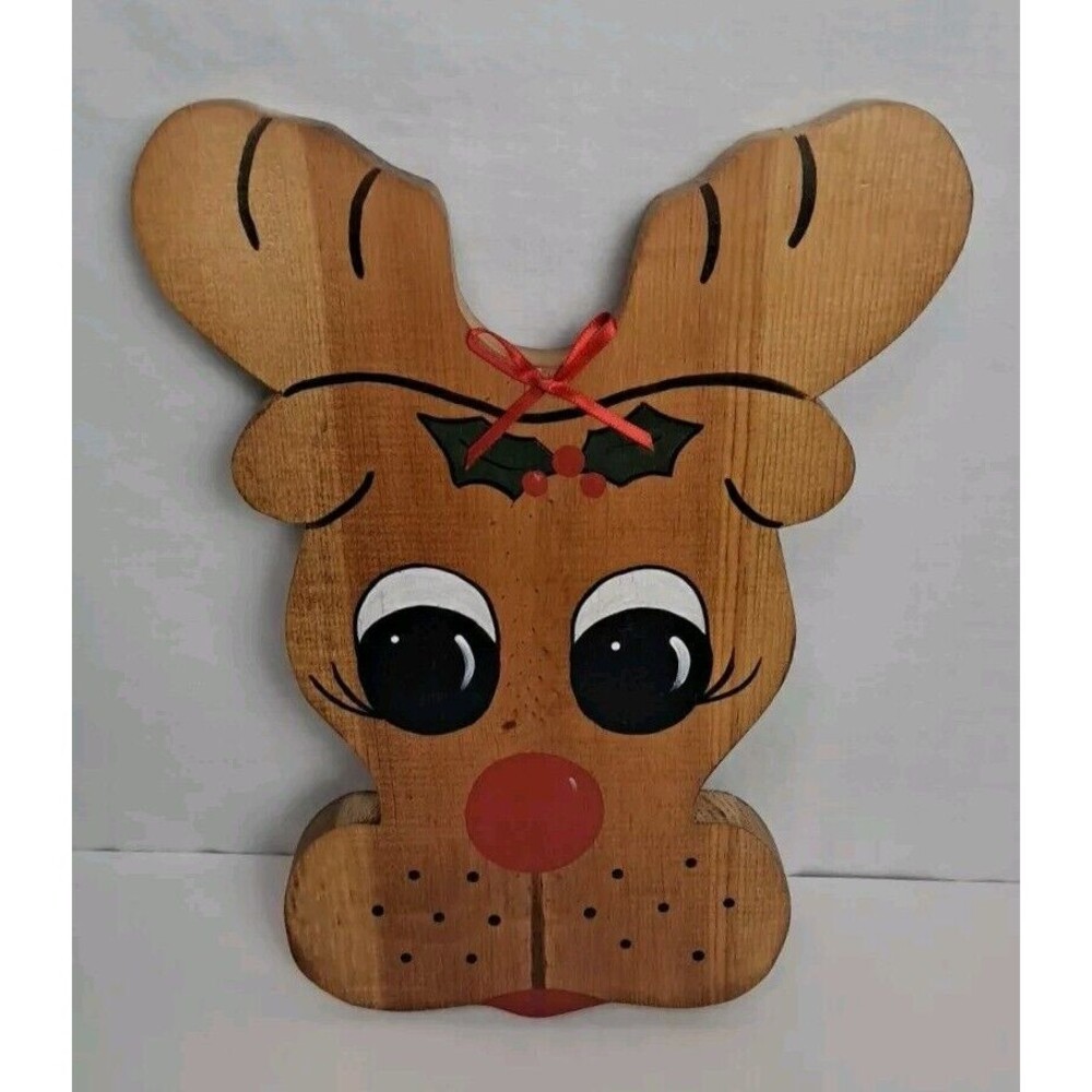 Vintage Wooden Rudolph Reindeer Face Wall Hanging Decor Handmade Christmas
